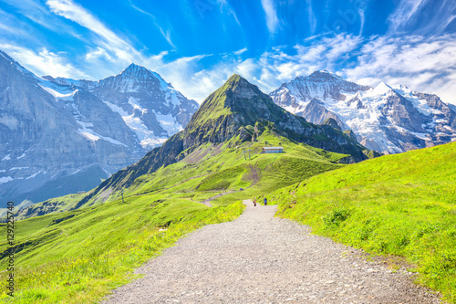 Eiger, Mönch and Jungfrau peaks from Männlichen in Swiss Alps