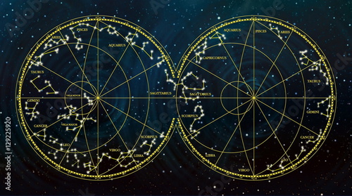 sky map depicting constellations and zodiac signs.