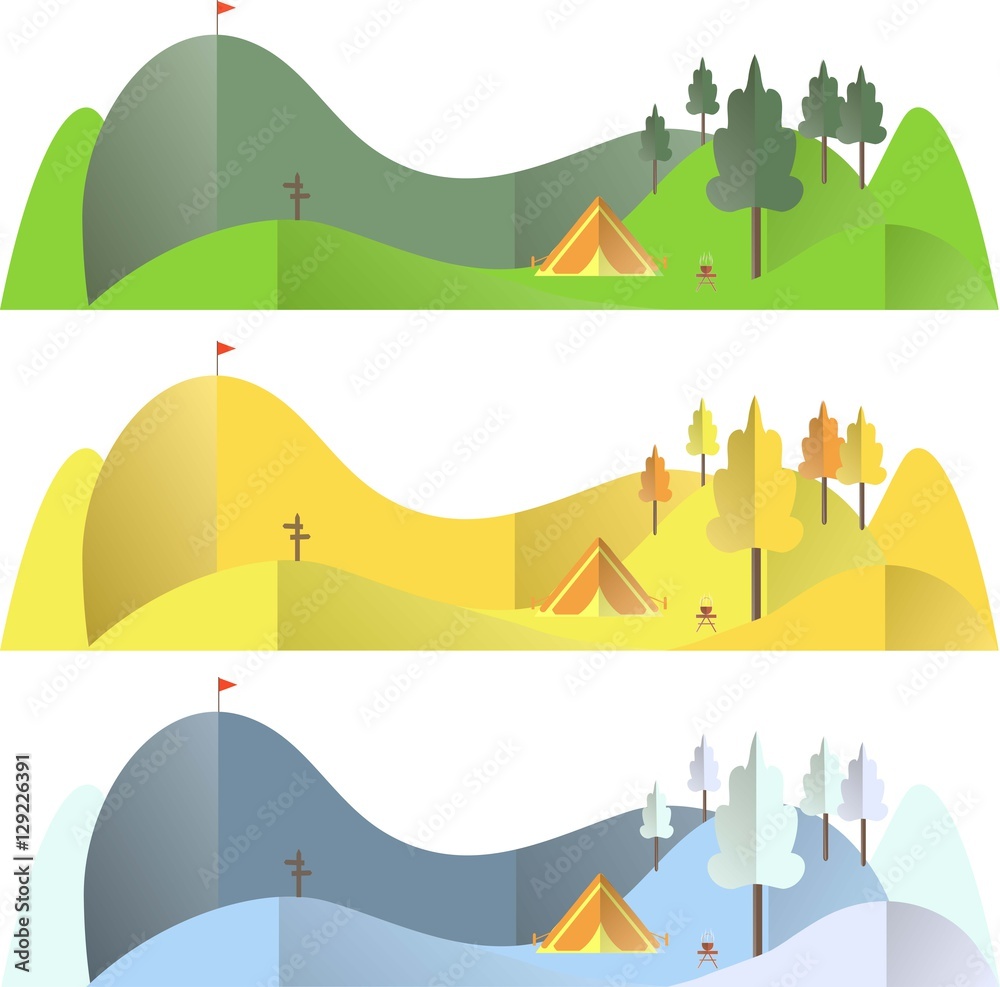 Mountain landscape in different seasons, autumn, summer, winter, travel conception flat design vector illustration