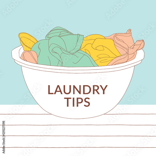 Vector laundry illustration. Basin with colorful clothes. Laundry basket