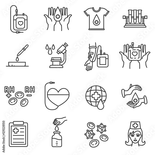 Blood donation icons set. Voluntary blood donation, thin line design. The procedure for delivery and blood analysis, linear symbols collection. Help for recipient, isolated vector illustration.