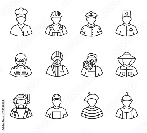 Professions icons set. People of various professions, thin line design. People in uniform, linear symbols collection. isolated vector illustration.