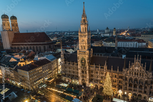 Aerial view of the Christmas market on the Mary's square (Marienplatz) in front of the new town hall (Rathaus), Munich, Germany