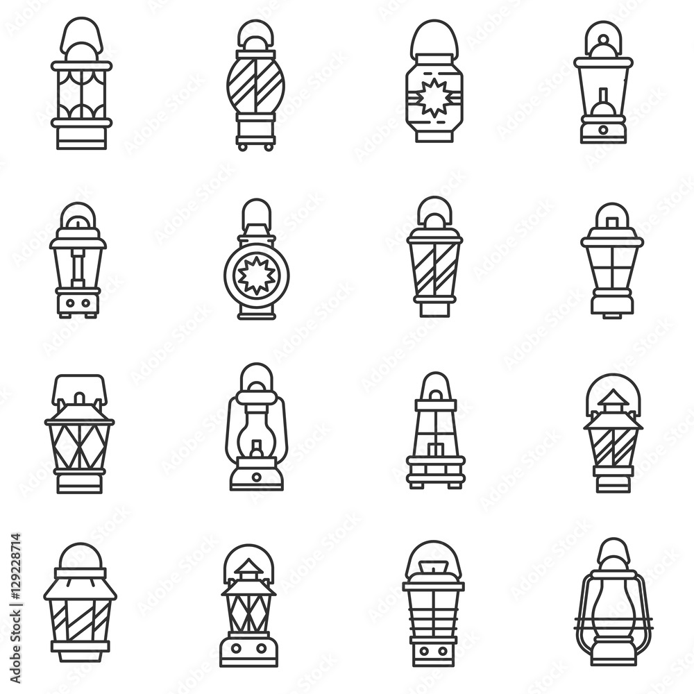 Lamps icons set. Incandescent lamp of different form, thin line design