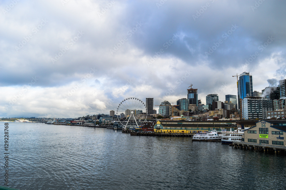 Seattle waterfront with ferris wheel.