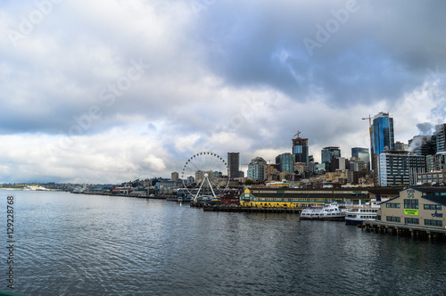 Seattle waterfront with ferris wheel.