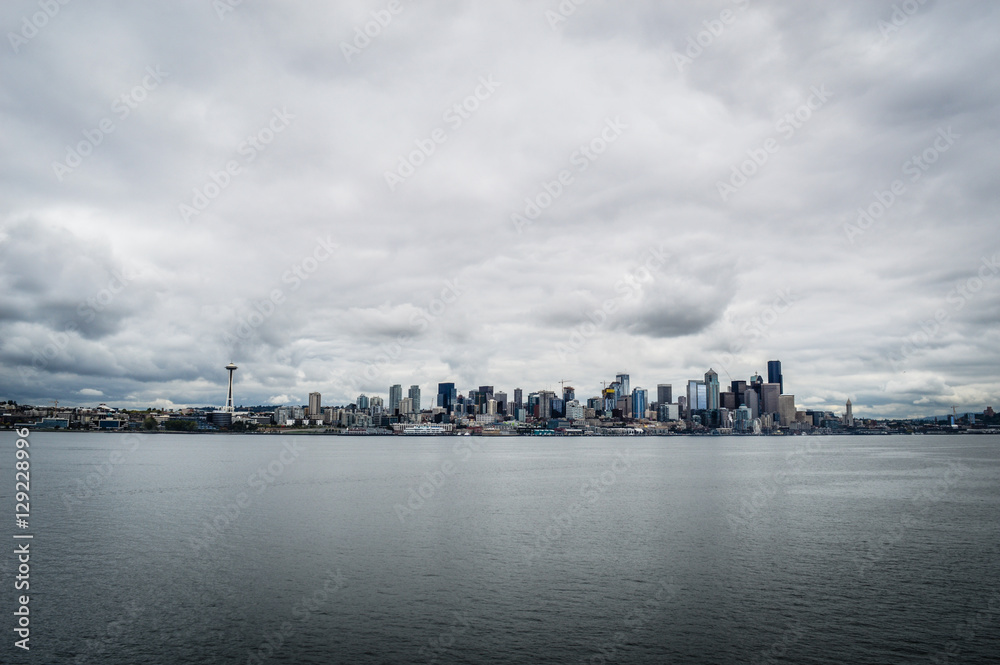 Seattle waterfront skyline view from water.
