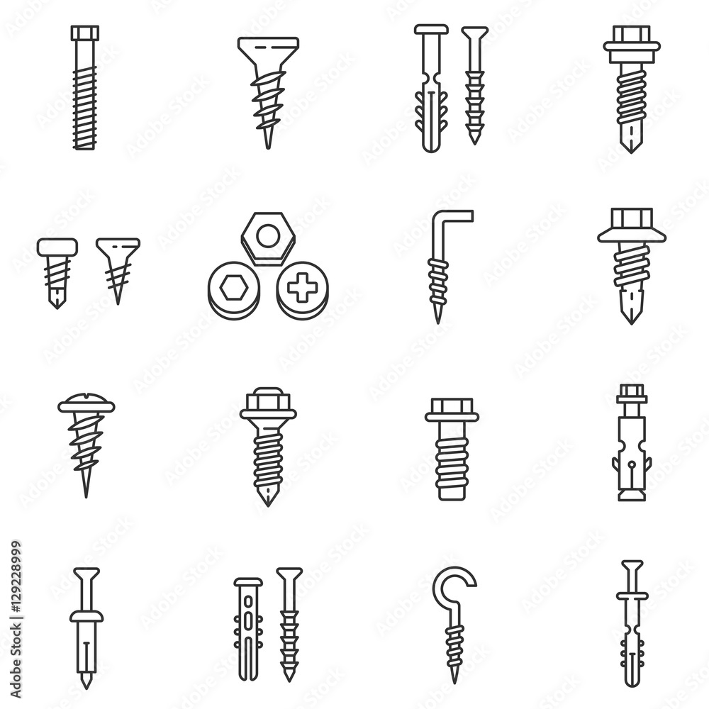fastener icons set. bolts, nuts and screws, thin line design. building