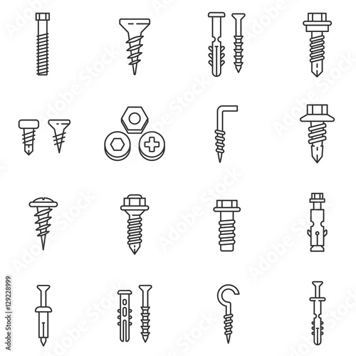 fastener icons set. bolts, nuts and screws, thin line design. building supplies, linear symbols collection. isolated vector illustration.