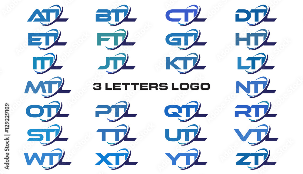 3 letters modern generic swoosh logo ATL, BTL, CTL, DTL, ETL, FTL, GTL,  HTL, ITL, JTL, KTL, LTL, MTL, NTL, OTL, PTL, QTL, RTL, STL,TTL, UTL, VTL,  WTL, XTL, YTL, ZTL vector