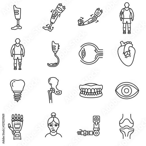 Prosthetics icons set. Medical mechanical prostheses and replacement of parts of the body, thin line design. Replacing the lost part of the body.