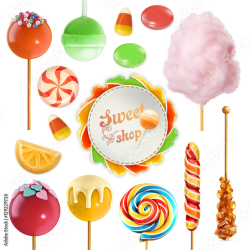 Candy set. Swirl caramel. Cotton candy. Sweet lollipop. 3d vector icon