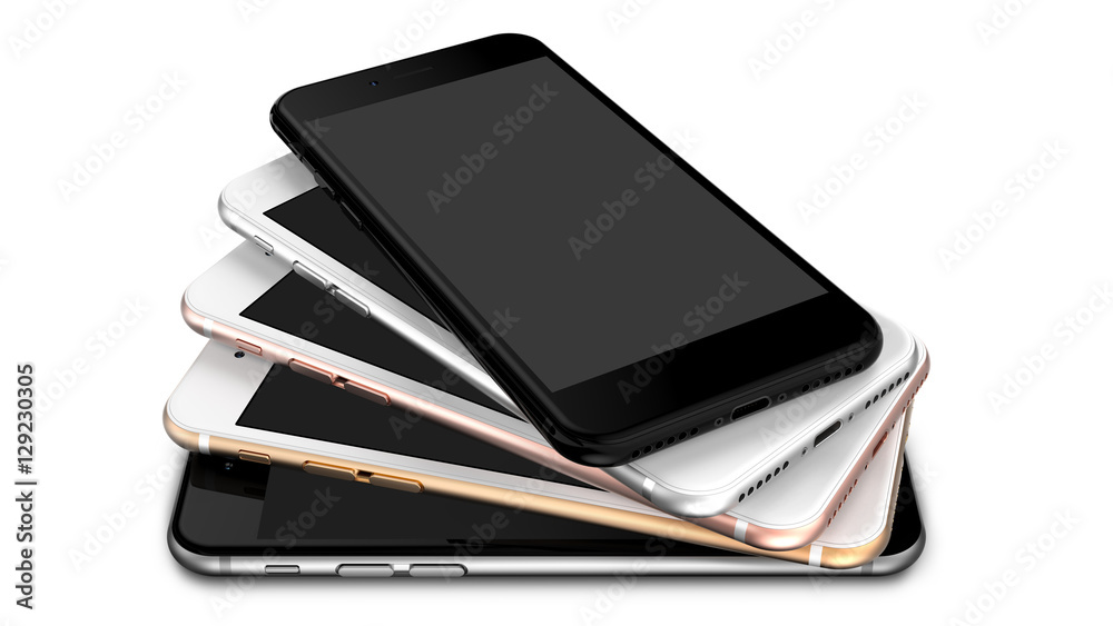 Set of in five colors smartphones with blank screen: black, glossy black, silver, gold and rose. Set of in five colors smartphones with blank screen: black, glossy black, silver, gold and rose.