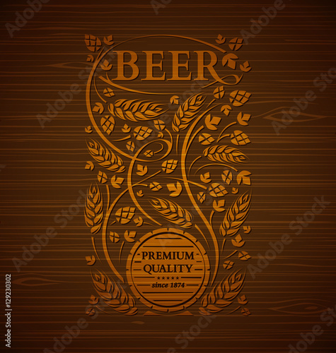 Vector beer emblem with hops and malt on a wooden background