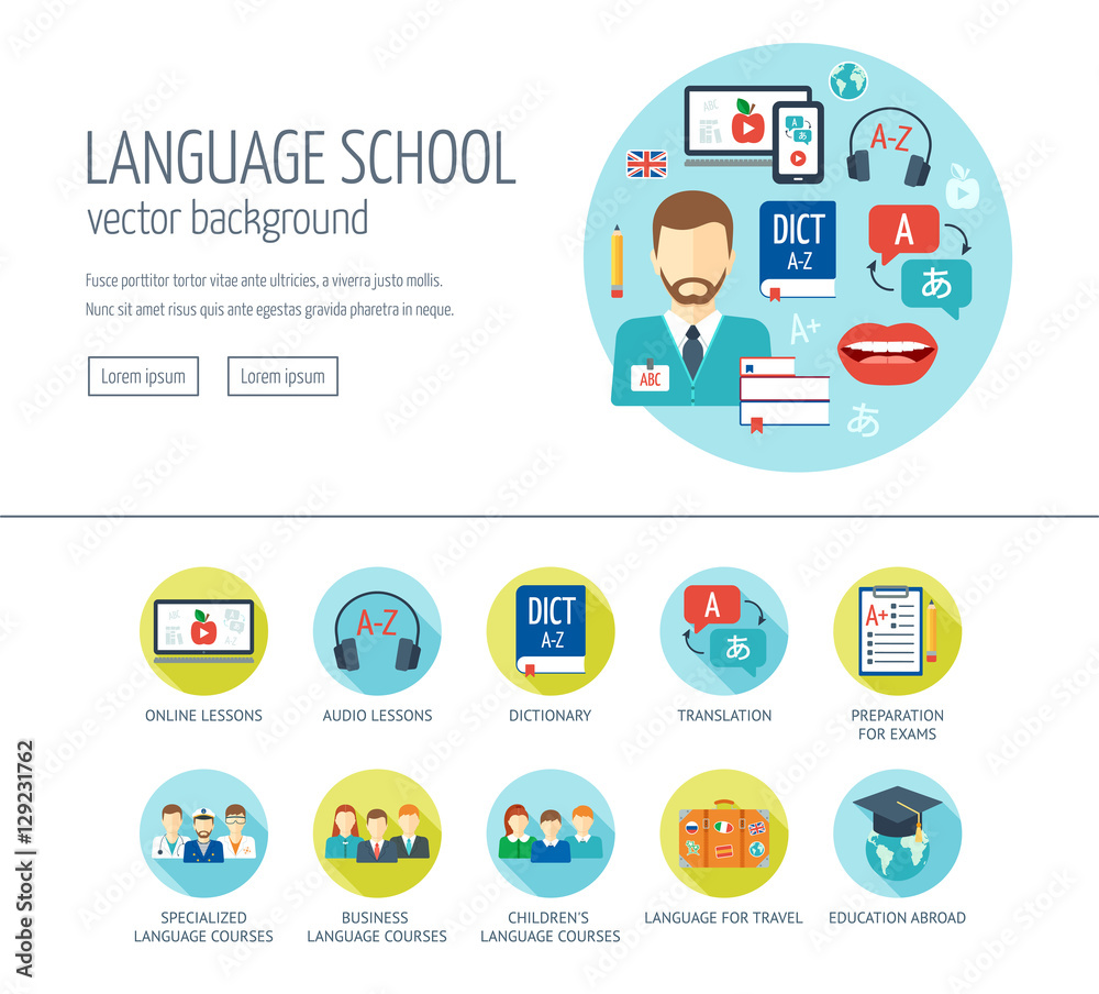 Foreign language learning web design concept for website and landing page. Foreign language school and courses. Flat design. Vector