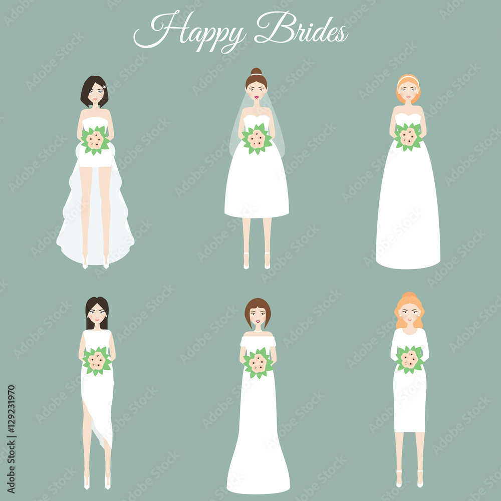 Smiling happy brides. Women in fashion wedding dresses. Vector illustration Smiling happy brides. Women in fashion wedding dresses. Vector illustration