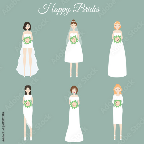 Smiling happy brides. Women in fashion wedding dresses. Vector illustration
