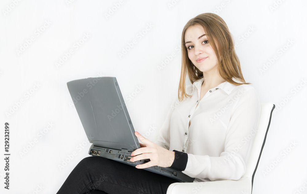 business woman laptop on white background business woman laptop on white background