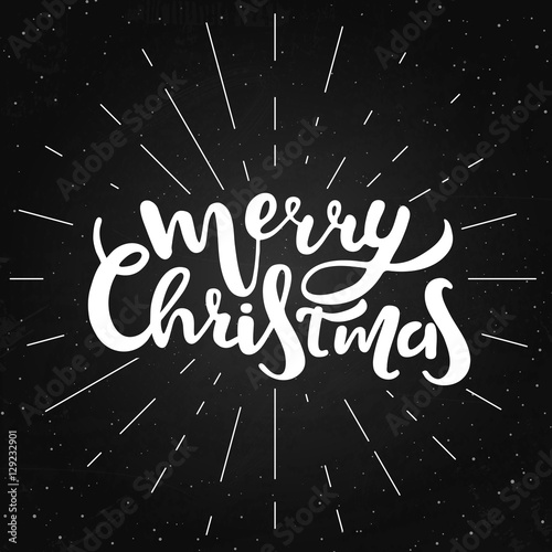 Merry Christmas lettering design. Vector illustration with sun rays on the chalkboard. Chalk Lettering