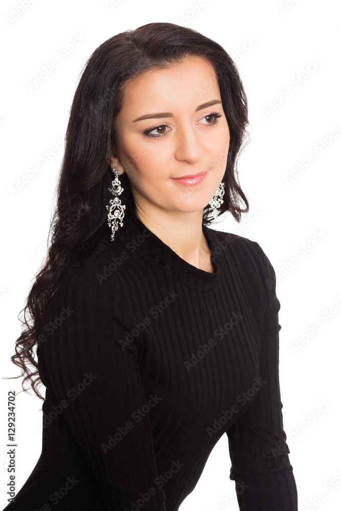 Beautiful brunette girl in a black dress isolated on white Beautiful brunette girl in a black dress isolated on white