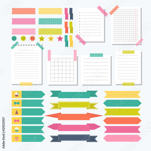 Collection of various note papers with different tape strips. Cu