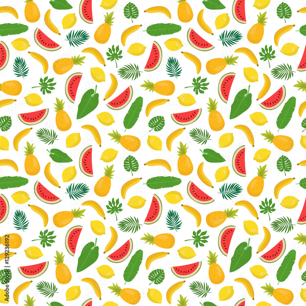 Seamless pattern with bananas, pineapples, tropical leaves and l