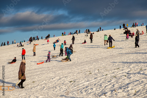 Snow sledding hill in a city