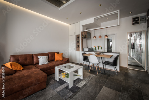 Interior design of modern living room interior with sofa © poplasen