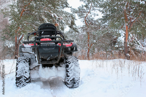 Snow covered quad bike in winter forest
