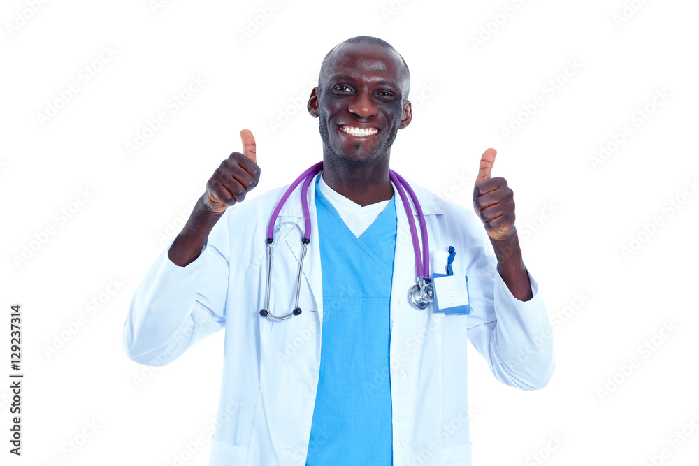 Portrait of doctor showing you ok sign standing in a white uniform on isolated background Portrait of doctor showing you ok sign standing in a white uniform on isolated background