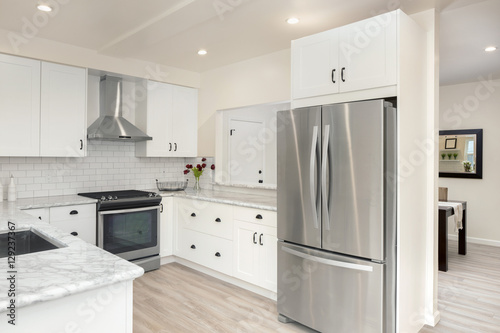 Canvastavla Modern, bright, clean, kitchen interior with stainless steel appliances in a lux