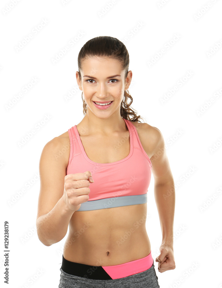 Sporty young woman running on white background Sporty young woman running on white background