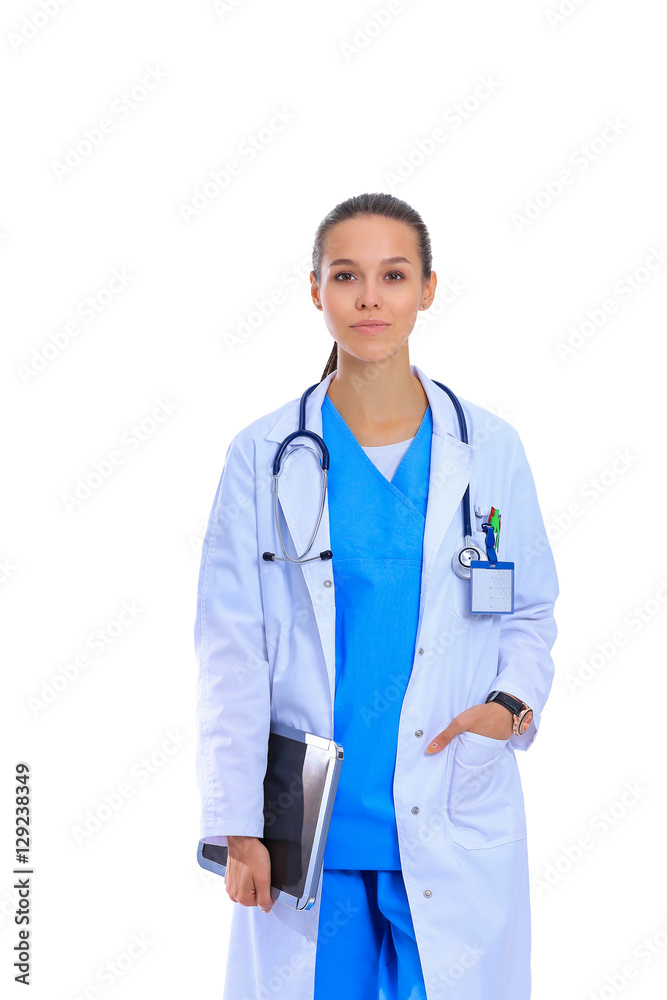 Female doctor with clipboard, isolated on white background Female doctor with clipboard, isolated on white background