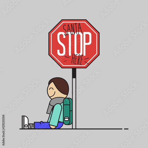 Santa stop here sign made by a child. Flat design vector illustration.