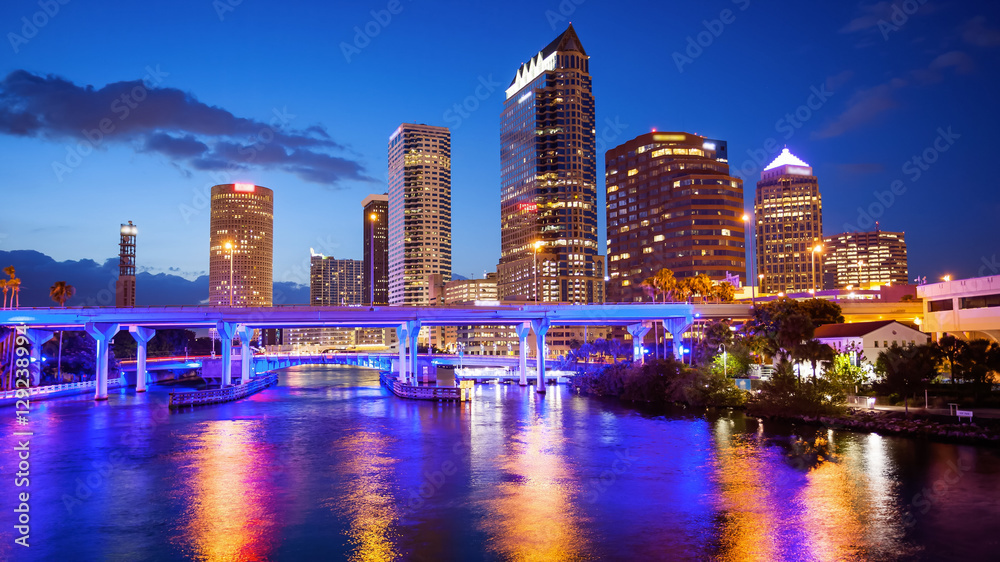 Downtown Tampa, Florida City Skyline at Night - Cityscape (logos blurred for commercial use)