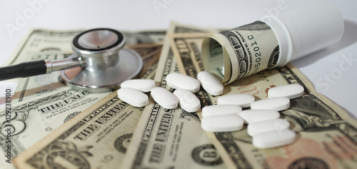 high costs of expensive medication concept, and stethoscope
