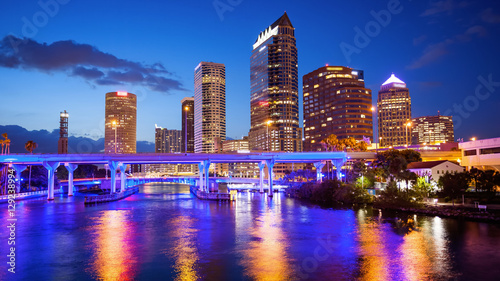 Downtown Tampa, Florida City Skyline at Night - Cityscape (logos blurred for commercial use)
