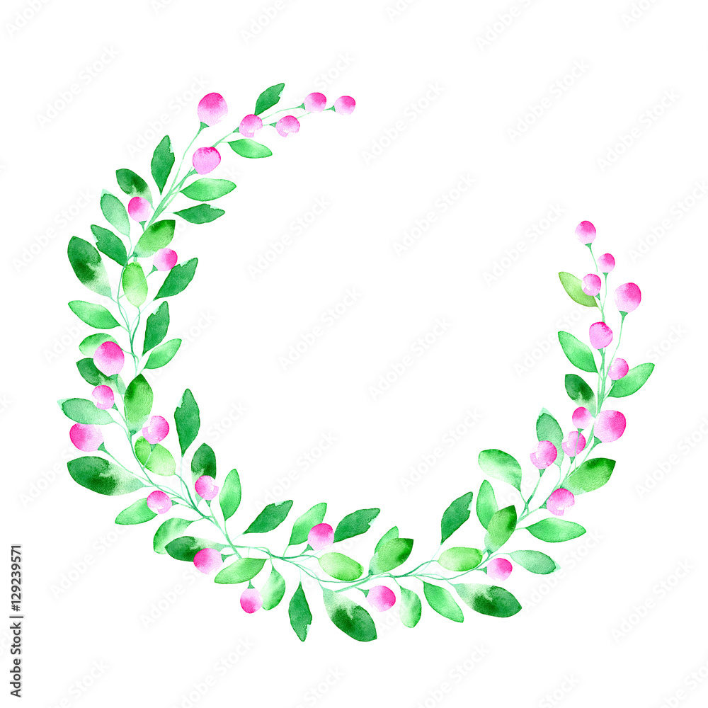 Floral wreath.Garland with berry and herb .Watercolor hand drawn illustration.White background.It can be used for greeting cards, posters, wedding cards.