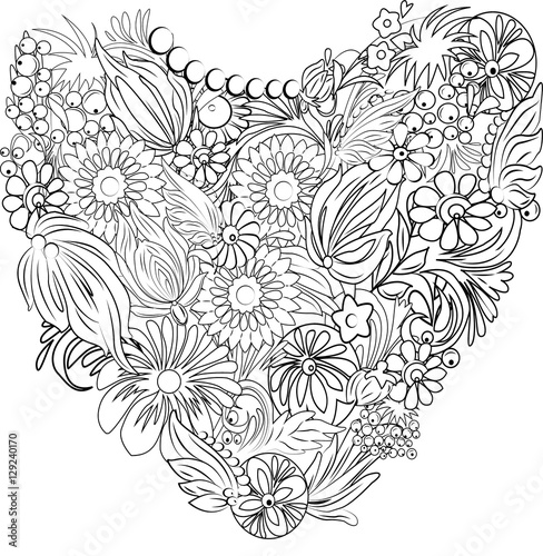 Vector floral heart drawing for coloring book