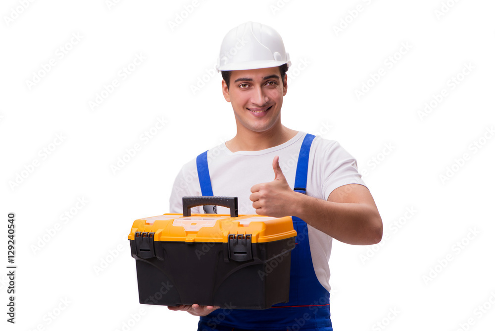 Repairman with toolbox isolated on white Repairman with toolbox isolated on white