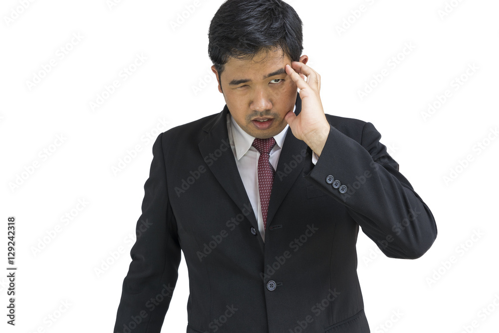 businessman headache in black suit on isolate with clipping path - can use to display or montage on product businessman headache in black suit on isolate with clipping path - can use to display or montage on product