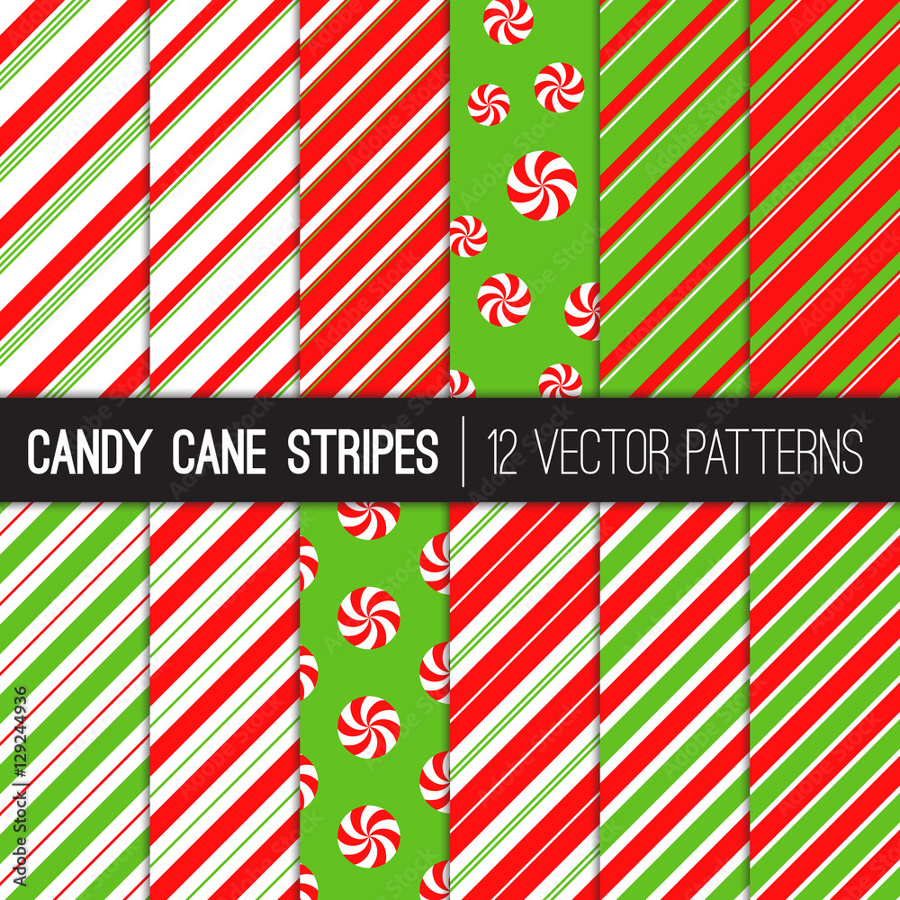 Candy Cane Stripes and Peppermints Vector Patterns in Red, Green and White. Popular Christmas Background. Variable thickness diagonal lines. Pattern Swatches Made with Global Colors. Candy Cane Stripes and Peppermints Vector Patterns in Red, Green and White. Popular Christmas Background. Variable thickness diagonal lines. Pattern Swatches Made with Global Colors.