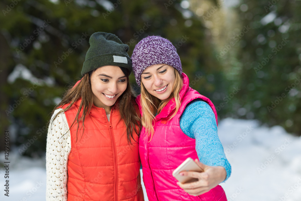 Girl Hold Smart Phone Camera Taking Selfie Photo Snow Forest Young Woman Couple Outdoor Winter Pine Woods