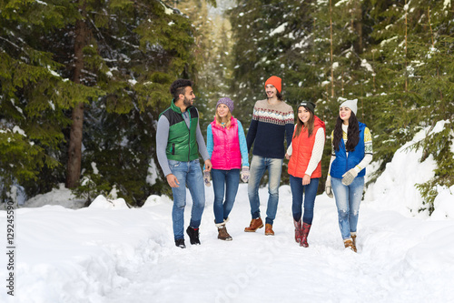 People Group Snow Forest Happy Smiling Young Friends Walking Outdoor Winter Pine Woods