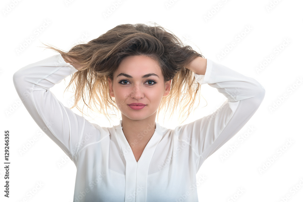 the girl with the developing hair on a white background the girl with the developing hair on a white background