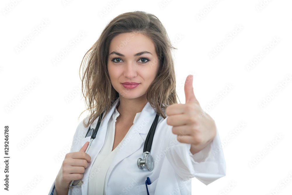 Female doctor with thumbs up isolated over a white background Female doctor with thumbs up isolated over a white background