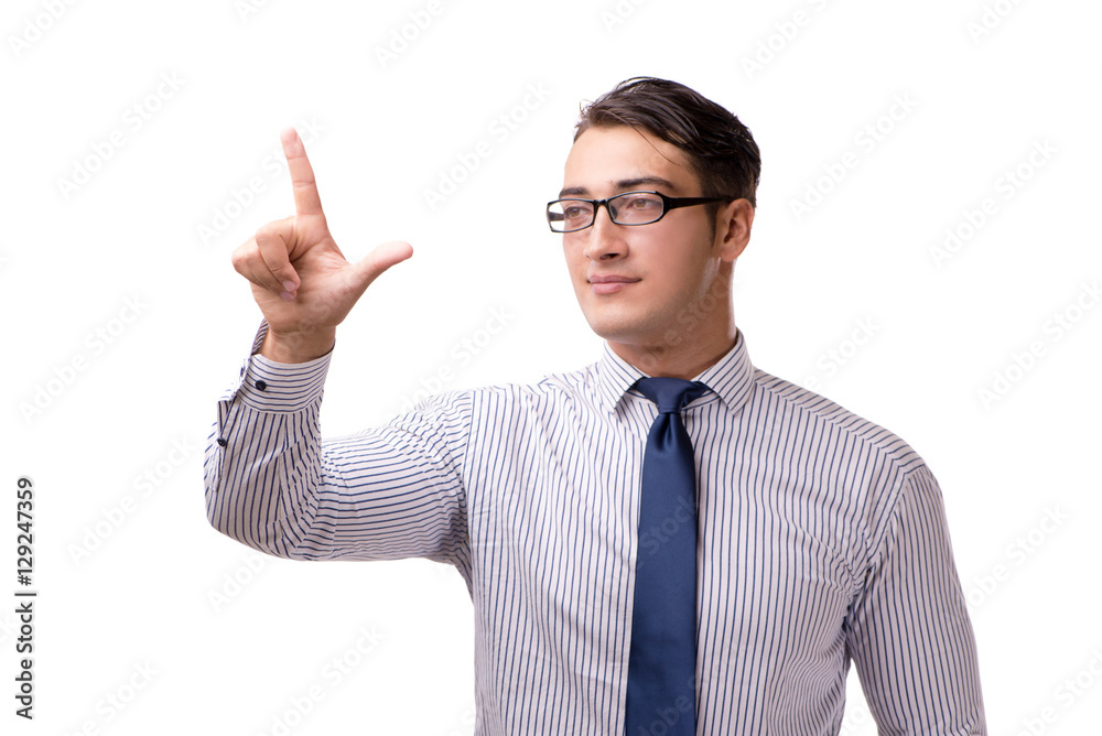 Young handsome businessman pressing buttons isolated on white Young handsome businessman pressing buttons isolated on white