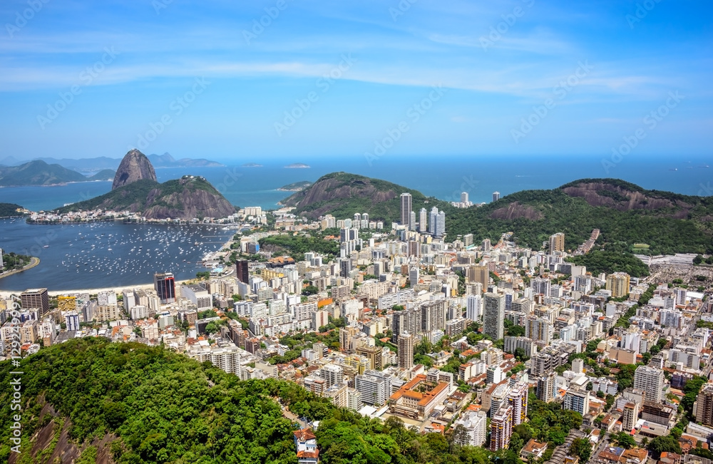 Aerial view of cityscape, the Sugarloaf mountain, Atlantic ocean, Botafogo bay, Botafogo and Humaita districts of Rio de Janeiro, Brazil