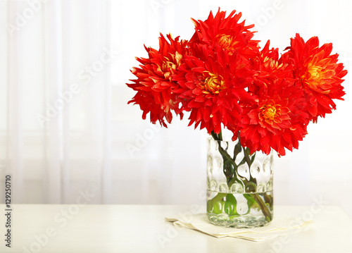 Fototapeta Naklejka Na Ścianę i Meble -  Beautiful red dahlia flowers in vase on light background