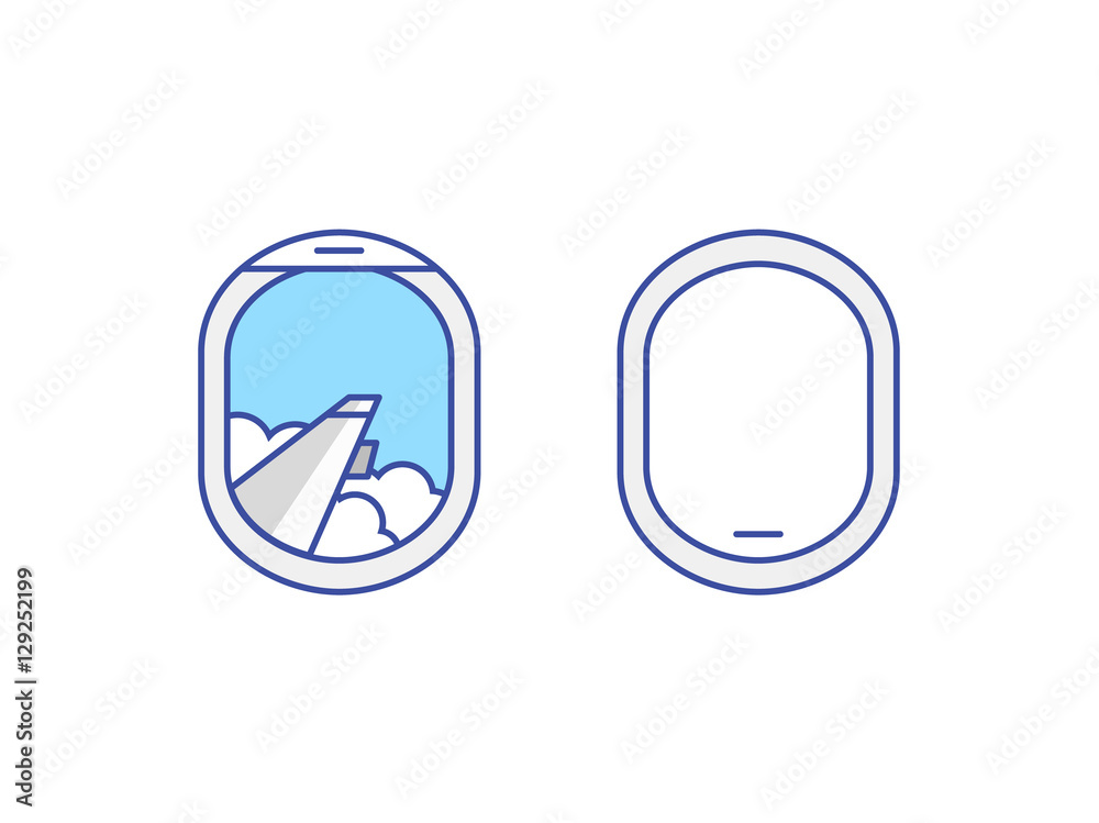 Closed and open airplane window icons set Closed and open airplane window icons set